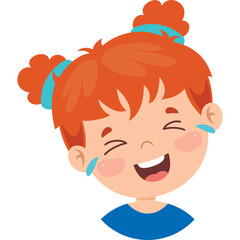 Close Up Of A Young Girl With Red Hair In Buns Laughing Joyfully With Tears Of Laughter Visible And A Blue Shirt Isolated On A White Background