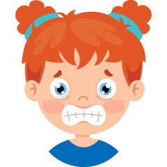 Close-up of a Young Girl With Red Hair in Pigtails Showing a Scared Facial Expression With Gritted Teeth and Wide Blue Eyes on a Transparent Background