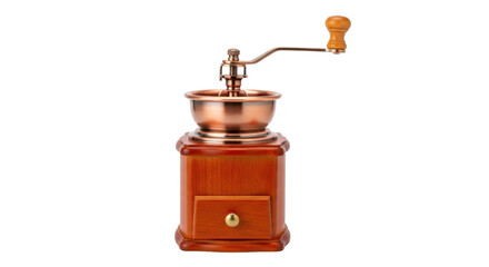Isolated antique coffee grinder, manual burr mill, wooden base and copper bowl for kitchen decor