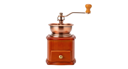 Isolated antique coffee grinder, manual burr mill, wooden base and copper bowl for kitchen decor