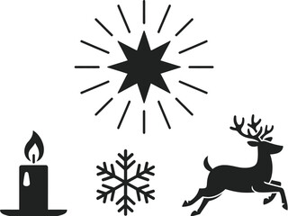 A collection of Christmas symbols including a star, candle, snowflake, and reindeer.