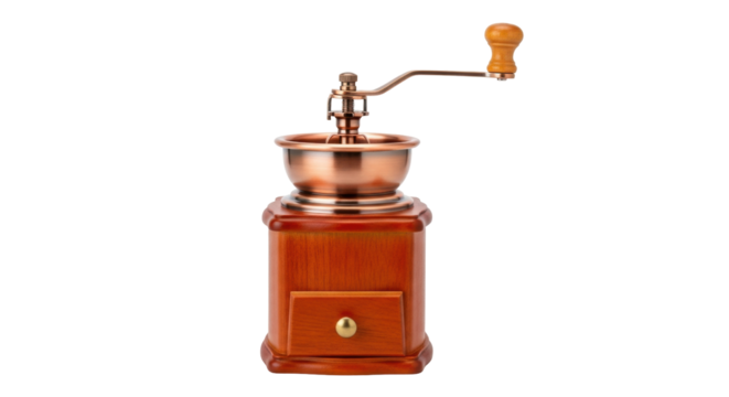 Isolated antique coffee grinder, manual burr mill, wooden base and copper bowl for kitchen decor