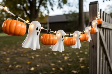 Charming halloween string lights with glowing pumpkin and ghost decorations outdoors at dusk