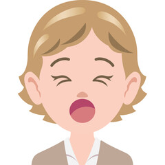 Close Up Of A Woman With Blonde Hair Yawning Wide Mouth Open Showing Pink Tongue And White Teeth And Wearing A Grey Blazer Over A White Shirt With Eyes Closed Against A White Background