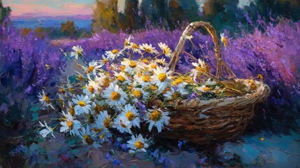 Woman with wicker basket full of chamomiles outdoors, closeup