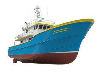 Naklejka premium Isolated blue fishing vessel with yellow trim, sturdy commercial ship, modern equipment