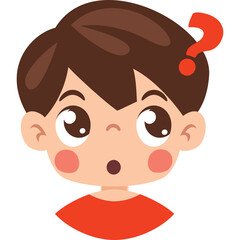 Close Up Of A Young Boy Cartoon Character With Brown Hair And Big Eyes Looking Up With A Question Mark Above His Head On A Transparent Background