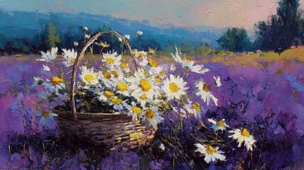 Woman with wicker basket full of chamomiles outdoors, closeup