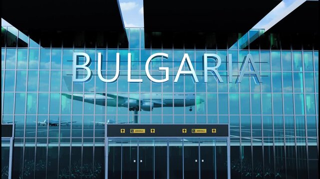 Airlane landing at Bulgaria. Arrival in the city with reflection of airport and aircraft