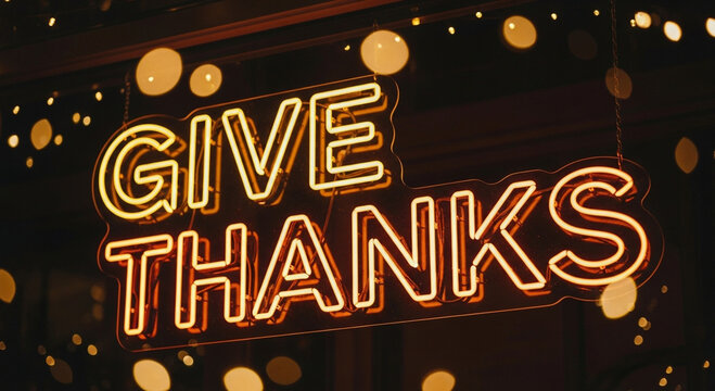 A bright yellow and orange neon sign displaying the message 'Give Thanks' is displayed against a dark background with bokeh lights creating a festive and grateful atmosphere.