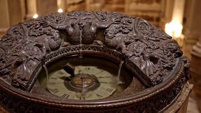 Ornate water clock fountain with sculpted details, Roman numerals, and flowing water in a classical interior