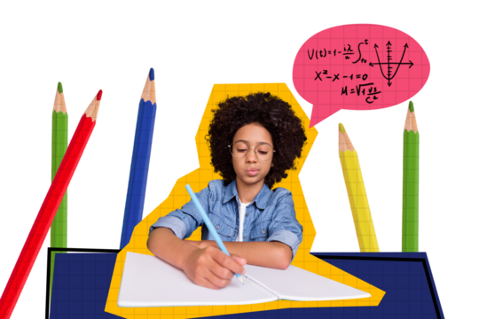 Composite photo collage of serious american girl do homework lesson write notepad bubble graph geometry isolated on painted background