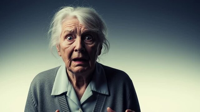 Elderly woman expressing extreme fear and anxiety, then distress and finally bewilderment, depicting a range of emotional struggles, footage.