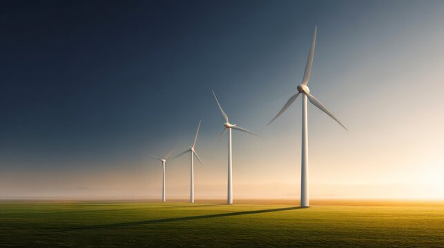 A serene vista showcases a row of towering wind turbines against a gradient sky, symbolizing clean energy and environmental sustainability.
