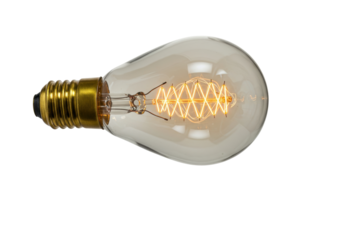 Isolated antique light bulb with gold base and incandescent filament, electricity