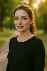 Portraitbild - Avatar - Frau mit braunen Haaren im Pullover - Outdoor