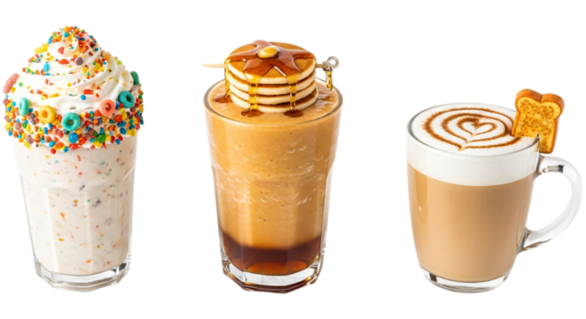 Three sweet drinks a colorful milkshake, a pancake smoothie, and a caramel latte with whipped cream, isolated on transparent background