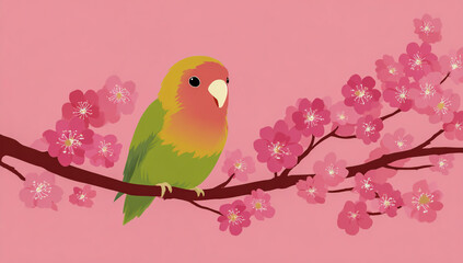 A vibrant lovebird perched on a blooming cherry blossom branch with a soft pink background