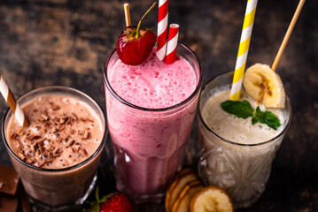Milkshake from strawberry, banana and chocolate