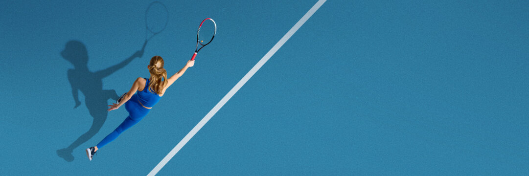 Female tennis player jumping reach forehand shot overhead view precision. Concept of sports technique, motion analysis, athletic performance for education, fitness, and media use. Banner