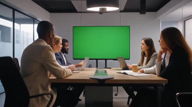 Diverse group of professionals in a modern conference room, collaborating around a table with laptops and a large green screen display.