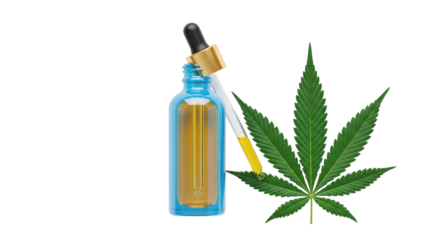 Isolated Cannabis oil in a blue bottle with a dropper and marijuana leaf for medical use