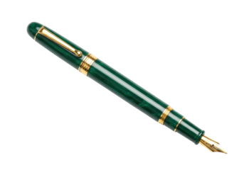 Isolated classic green fountain pen on seamless surface with golden elements and nib