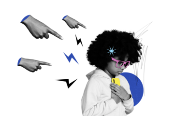 Creative picture collage young victim girl suffer psychological pressure fingers pointing cyber bullying hatred shaming social media