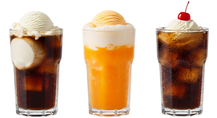 Three ice cream floats with cola and orange soda, isolated on transparent background