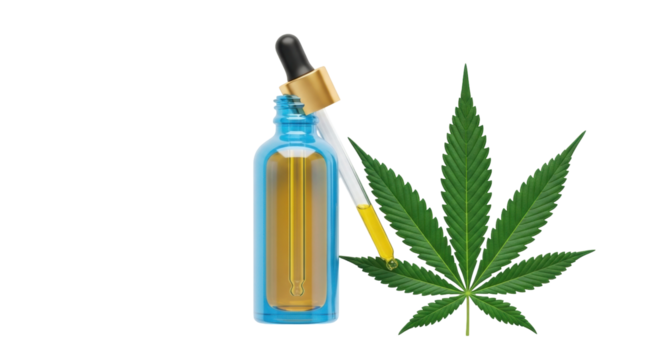 Isolated Cannabis oil in a blue bottle with a dropper and marijuana leaf for medical use