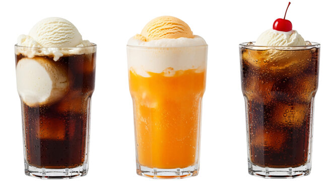 Three ice cream floats with cola and orange soda, isolated on transparent background