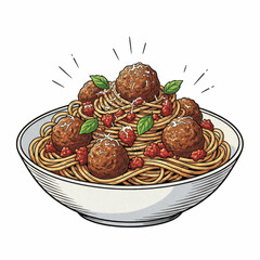 Classic Italian Spaghetti and Meatballs Dish Hand Drawn Illustration