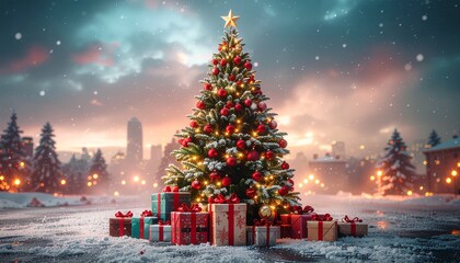 Festive Christmas Tree Scene with Gifts and Snowy Cityscape Backdrop