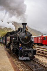 Obraz premium Steam locomotive of the Furka mountain railway in Switzerland.