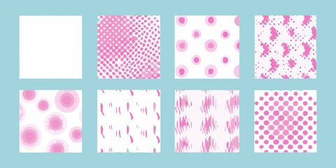Collection of eight abstract pink patterns and textures on a light blue background