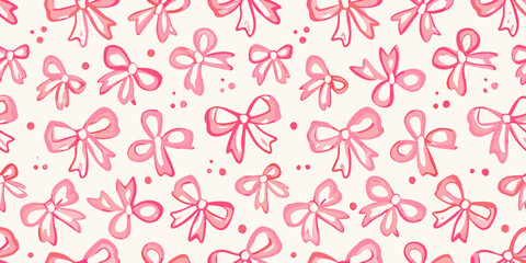 Seamless pattern of pink hand drawn bows and dots on a light background