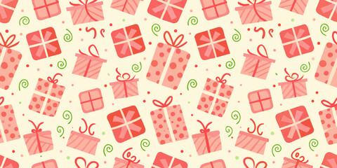 Seamless pattern of pink and red gift boxes with green swirls and dots on a cream background