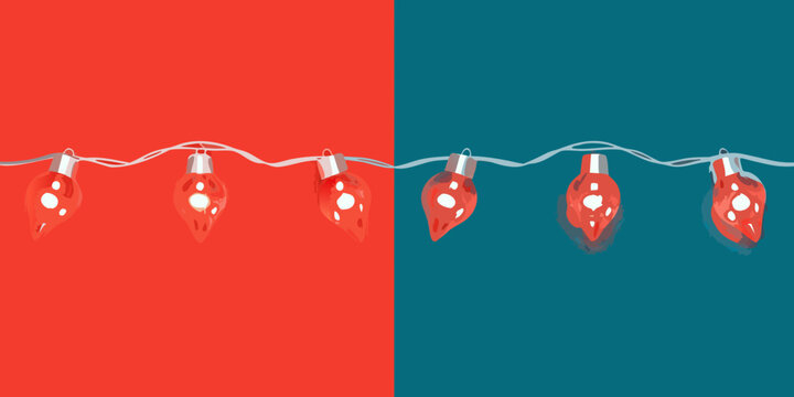 String of red christmas lights with white polka dots on a split red and teal background