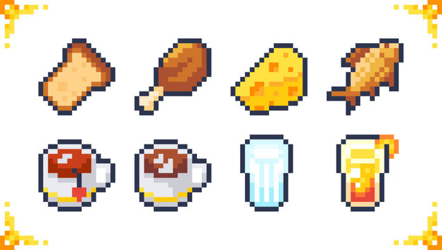 Naklejki A set of pixel art food icons. A set of 2D game items, including bread, ham, cheese, fried fish, tea, coffee, milk, and juice. Perfect for role-playing and adventure games. Size: 16x16 pixels.