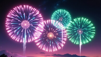 Vibrant nocturnal celebration with colorful exploding fireworks lighting up the evening sky over a serene landscape, depicting festive holiday joy and excitement in an illustrative style