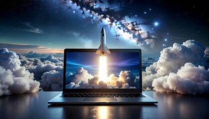 Symbolizing a new venture, a rocket takes off from a laptop display, soaring through clouds towards a galaxy