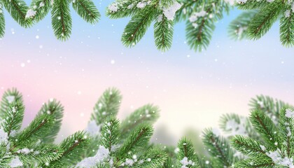 Winter wonderland background with snowy evergreen fir branches framing a soft pastel gradient sky and falling snow, perfect for a festive holiday greeting