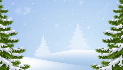 Winter wonderland landscape with snow-covered pine trees under a soft blue sky with falling snowflakes