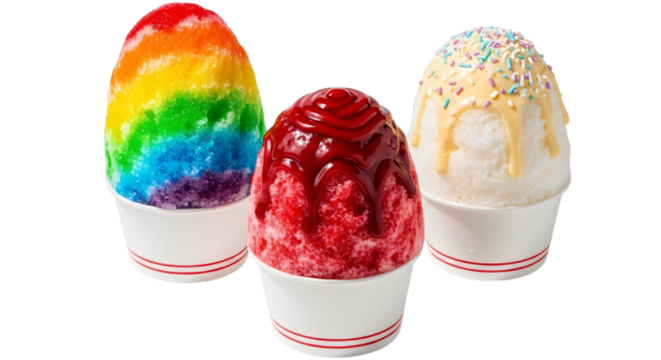 Three colorful shaved ice desserts with different toppings isolated on transparent background