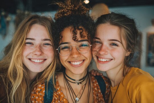 Group of Friends taking a Selfie Together at a Cafe, Featuring Three Smiling Women and One Smiling Man with Golden Glasses