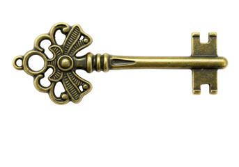 Isolated ornate brass key antique vintage design, single key, decorative, metalwork, object