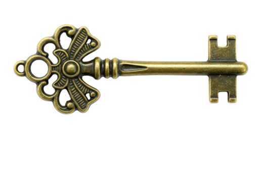 Isolated ornate brass key antique vintage design, single key, decorative, metalwork, object