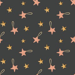 Watercolor Christmas star ornament seamless pattern on dark backround