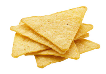 Isolated stack of tasty yellow triangular tortilla chips for dipping, snacking, or party food