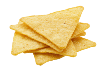 Isolated stack of tasty yellow triangular tortilla chips for dipping, snacking, or party food